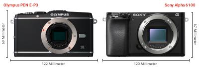 Größenvergleich: OM System PEN E-P3 vs. Sony Alpha 6100 Größenvergleich: OM System PEN E-P3 vs. Sony Alpha 6100