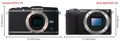 Größenvergleich: OM System PEN E-P3 vs. Sony Alpha NEX-3N Größenvergleich: OM System PEN E-P3 vs. Sony Alpha NEX-3N