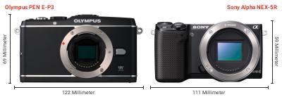 Größenvergleich: OM System PEN E-P3 vs. Sony Alpha NEX-5R