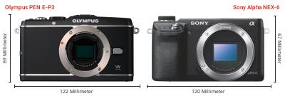 Größenvergleich: OM System PEN E-P3 vs. Sony Alpha NEX-6 Größenvergleich: OM System PEN E-P3 vs. Sony Alpha NEX-6