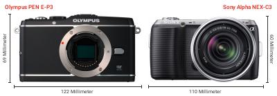 Größenvergleich: OM System PEN E-P3 vs. Sony Alpha NEX-C3 Größenvergleich: OM System PEN E-P3 vs. Sony Alpha NEX-C3