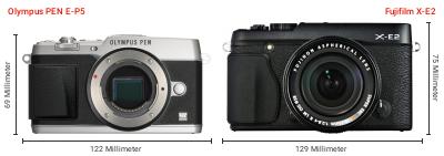 Größenvergleich: OM System PEN E-P5 vs. Fujifilm X-E2 Größenvergleich: OM System PEN E-P5 vs. Fujifilm X-E2