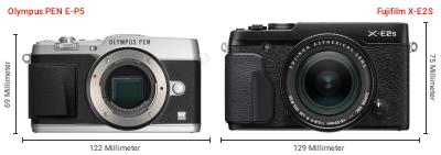 Größenvergleich: OM System PEN E-P5 vs. Fujifilm X-E2S Größenvergleich: OM System PEN E-P5 vs. Fujifilm X-E2S