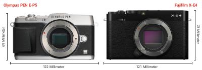 Größenvergleich: OM System PEN E-P5 vs. Fujifilm X-E4 Größenvergleich: OM System PEN E-P5 vs. Fujifilm X-E4