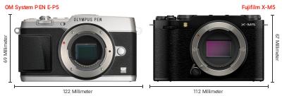 Größenvergleich: OM System PEN E-P5 vs. Fujifilm X-M5 Größenvergleich: OM System PEN E-P5 vs. Fujifilm X-M5
