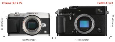 Größenvergleich: OM System PEN E-P5 vs. Fujifilm X-Pro3 Größenvergleich: OM System PEN E-P5 vs. Fujifilm X-Pro3
