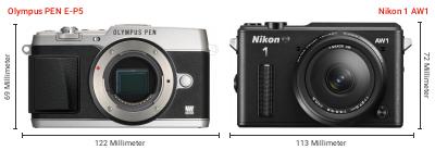 Größenvergleich: OM System PEN E-P5 vs. Nikon 1 AW1 Größenvergleich: OM System PEN E-P5 vs. Nikon 1 AW1