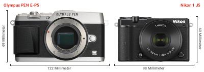 Größenvergleich: OM System PEN E-P5 vs. Nikon 1 J5 Größenvergleich: OM System PEN E-P5 vs. Nikon 1 J5