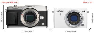 Größenvergleich: OM System PEN E-P5 vs. Nikon 1 S2 Größenvergleich: OM System PEN E-P5 vs. Nikon 1 S2