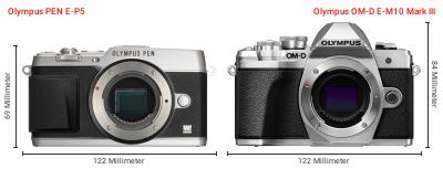 Größenvergleich: OM System PEN E-P5 vs. OM System OM-D E-M10 Mark III Größenvergleich: OM System PEN E-P5 vs. OM System OM-D E-M10 Mark III