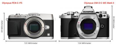 Größenvergleich: OM System PEN E-P5 vs. OM System OM-D E-M5 Mark II Größenvergleich: OM System PEN E-P5 vs. OM System OM-D E-M5 Mark II