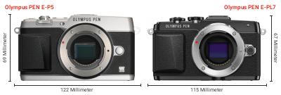 Größenvergleich: OM System PEN E-P5 vs. OM System PEN E-PL7 Größenvergleich: OM System PEN E-P5 vs. OM System PEN E-PL7