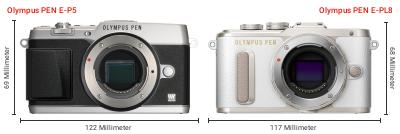 Größenvergleich: OM System PEN E-P5 vs. OM System PEN E-PL8 Größenvergleich: OM System PEN E-P5 vs. OM System PEN E-PL8
