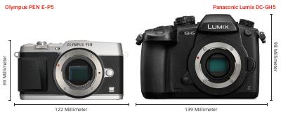 Größenvergleich: OM System PEN E-P5 vs. Panasonic Lumix DC-GH5