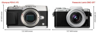 Größenvergleich: OM System PEN E-P5 vs. Panasonic Lumix DMC-GF7 Größenvergleich: OM System PEN E-P5 vs. Panasonic Lumix DMC-GF7