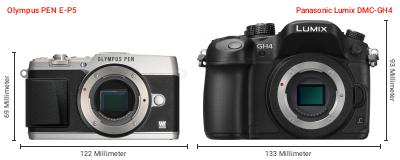 Größenvergleich: OM System PEN E-P5 vs. Panasonic Lumix DMC-GH4 Größenvergleich: OM System PEN E-P5 vs. Panasonic Lumix DMC-GH4