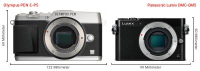 Größenvergleich: OM System PEN E-P5 vs. Panasonic Lumix DMC-GM5 Größenvergleich: OM System PEN E-P5 vs. Panasonic Lumix DMC-GM5