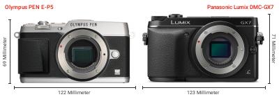 Größenvergleich: OM System PEN E-P5 vs. Panasonic Lumix DMC-GX7 Größenvergleich: OM System PEN E-P5 vs. Panasonic Lumix DMC-GX7