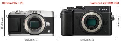 Größenvergleich: OM System PEN E-P5 vs. Panasonic Lumix DMC-GX8 Größenvergleich: OM System PEN E-P5 vs. Panasonic Lumix DMC-GX8