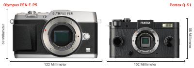 Größenvergleich: OM System PEN E-P5 vs. Pentax Q-S1