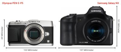 Größenvergleich: OM System PEN E-P5 vs. Samsung Galaxy NX Größenvergleich: OM System PEN E-P5 vs. Samsung Galaxy NX