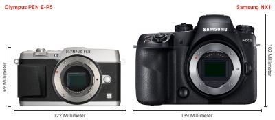 Größenvergleich: OM System PEN E-P5 vs. Samsung NX1 Größenvergleich: OM System PEN E-P5 vs. Samsung NX1