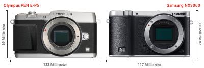 Größenvergleich: OM System PEN E-P5 vs. Samsung NX3000 Größenvergleich: OM System PEN E-P5 vs. Samsung NX3000