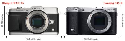 Größenvergleich: OM System PEN E-P5 vs. Samsung NX500