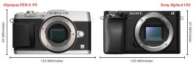 Größenvergleich: OM System PEN E-P5 vs. Sony Alpha 6100