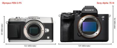 Größenvergleich: OM System PEN E-P5 vs. Sony Alpha 7S III Größenvergleich: OM System PEN E-P5 vs. Sony Alpha 7S III