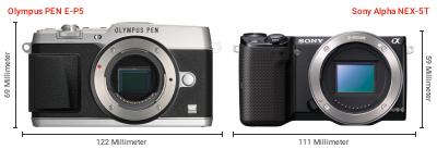 Größenvergleich: OM System PEN E-P5 vs. Sony Alpha NEX-5T Größenvergleich: OM System PEN E-P5 vs. Sony Alpha NEX-5T