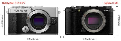 Größenvergleich: OM System PEN E-P7 vs. Fujifilm X-M5 Größenvergleich: OM System PEN E-P7 vs. Fujifilm X-M5