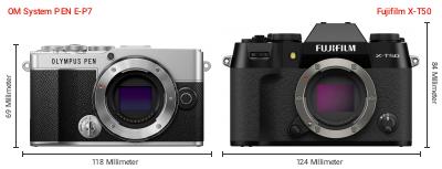 Größenvergleich: OM System PEN E-P7 vs. Fujifilm X-T50 Größenvergleich: OM System PEN E-P7 vs. Fujifilm X-T50