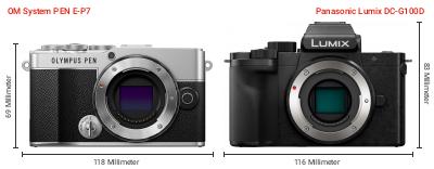 Größenvergleich: OM System PEN E-P7 vs. Panasonic Lumix DC-G100D Größenvergleich: OM System PEN E-P7 vs. Panasonic Lumix DC-G100D