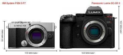 Größenvergleich: OM System PEN E-P7 vs. Panasonic Lumix DC-G9 II Größenvergleich: OM System PEN E-P7 vs. Panasonic Lumix DC-G9 II