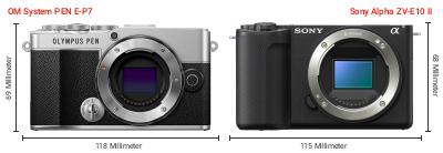 Größenvergleich: OM System PEN E-P7 vs. Sony Alpha ZV-E10 II Größenvergleich: OM System PEN E-P7 vs. Sony Alpha ZV-E10 II