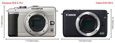 Größenvergleich: OM System PEN E-PL1 vs. Canon EOS M10 Größenvergleich: OM System PEN E-PL1 vs. Canon EOS M10