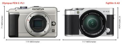 Größenvergleich: OM System PEN E-PL1 vs. Fujifilm X-A3 Größenvergleich: OM System PEN E-PL1 vs. Fujifilm X-A3