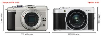 Größenvergleich: OM System PEN E-PL1 vs. Fujifilm X-A5 Größenvergleich: OM System PEN E-PL1 vs. Fujifilm X-A5
