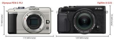 Größenvergleich: OM System PEN E-PL1 vs. Fujifilm X-E2S Größenvergleich: OM System PEN E-PL1 vs. Fujifilm X-E2S