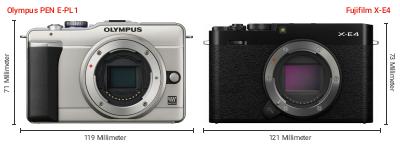 Größenvergleich: OM System PEN E-PL1 vs. Fujifilm X-E4 Größenvergleich: OM System PEN E-PL1 vs. Fujifilm X-E4