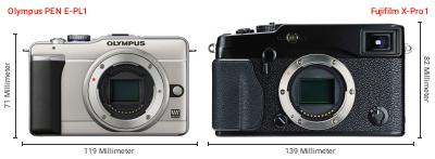 Größenvergleich: OM System PEN E-PL1 vs. Fujifilm X-Pro1 Größenvergleich: OM System PEN E-PL1 vs. Fujifilm X-Pro1