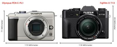 Größenvergleich: OM System PEN E-PL1 vs. Fujifilm X-T10 Größenvergleich: OM System PEN E-PL1 vs. Fujifilm X-T10