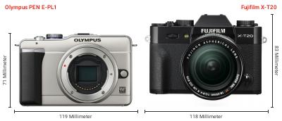 Größenvergleich: OM System PEN E-PL1 vs. Fujifilm X-T20