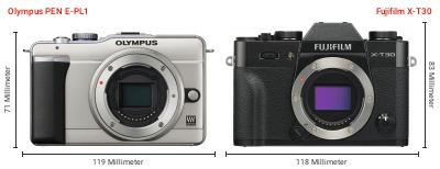 Größenvergleich: OM System PEN E-PL1 vs. Fujifilm X-T30