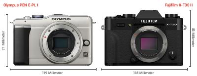 Größenvergleich: OM System PEN E-PL1 vs. Fujifilm X-T30 II Größenvergleich: OM System PEN E-PL1 vs. Fujifilm X-T30 II