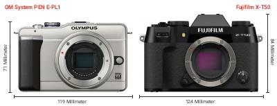 Größenvergleich: OM System PEN E-PL1 vs. Fujifilm X-T50