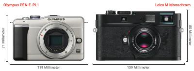 Größenvergleich: OM System PEN E-PL1 vs. Leica M Monochrom Größenvergleich: OM System PEN E-PL1 vs. Leica M Monochrom