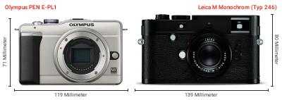 Größenvergleich: OM System PEN E-PL1 vs. Leica M Monochrom (Typ 246) Größenvergleich: OM System PEN E-PL1 vs. Leica M Monochrom (Typ 246)