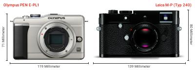Größenvergleich: OM System PEN E-PL1 vs. Leica M-P (Typ 240) Größenvergleich: OM System PEN E-PL1 vs. Leica M-P (Typ 240)